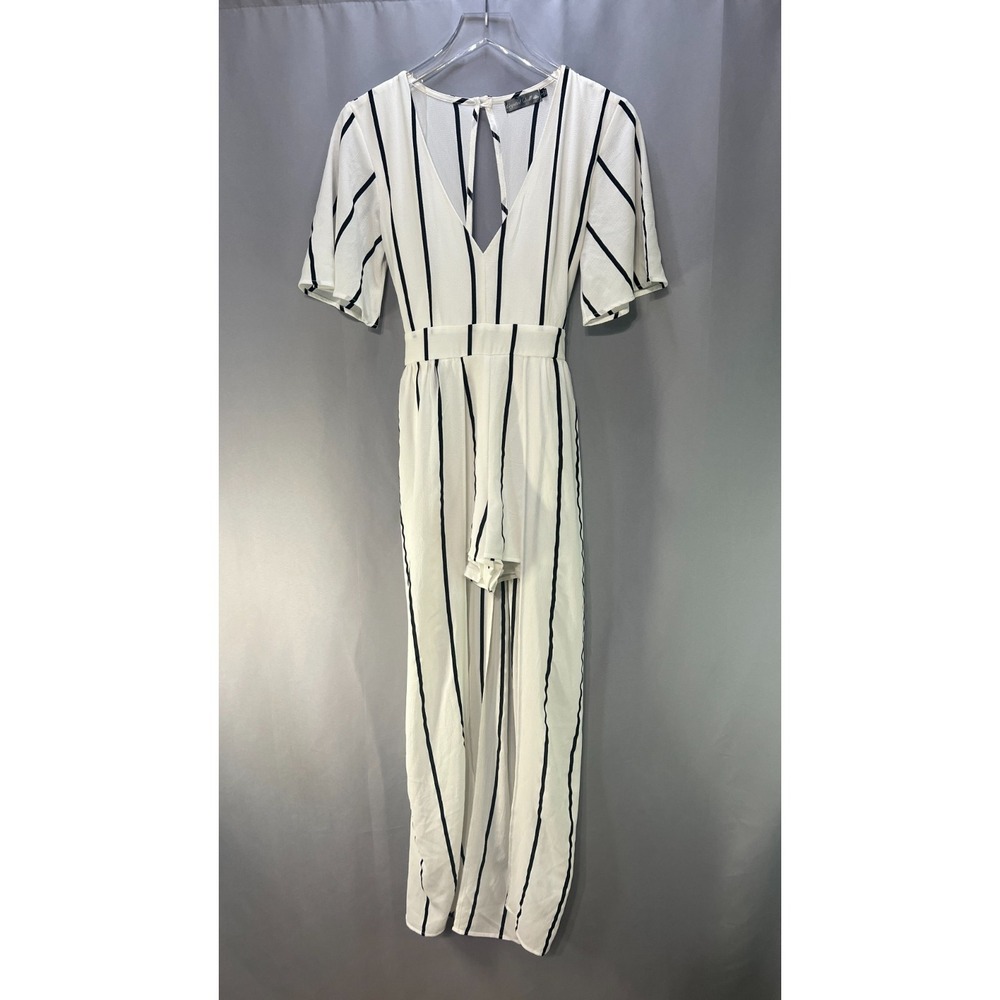 Crystal Doll Romper Womens‎ 3 Beige Black Striped Plunge V Neck Cutout Back Tie